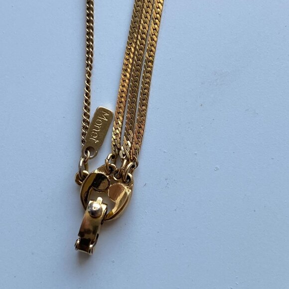 Vintage Signed Monet Gold Tone Tennis Bracelet Safety Chain 90s Costume Jewelry - Picture 2 of 16